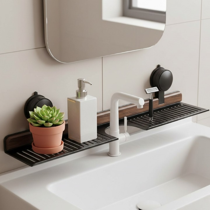 Sink Shelf Walnut Wood Suction Mount