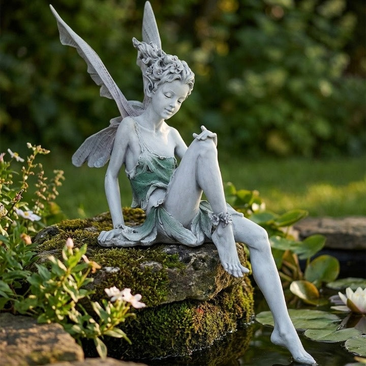 Sitting Fairy Figurine Resin Weather-Resistant 9.1 Inch