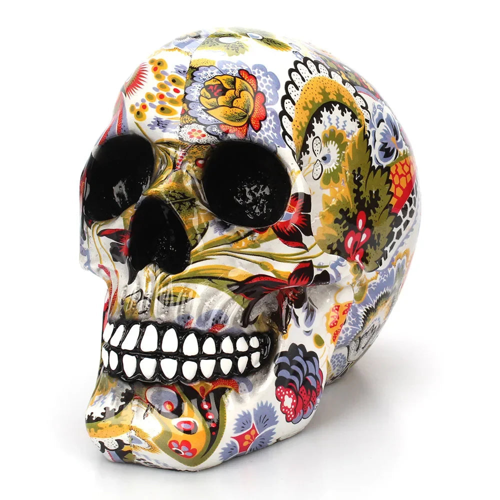 Skull Figurine Mexican Floral Hand Painted Resin