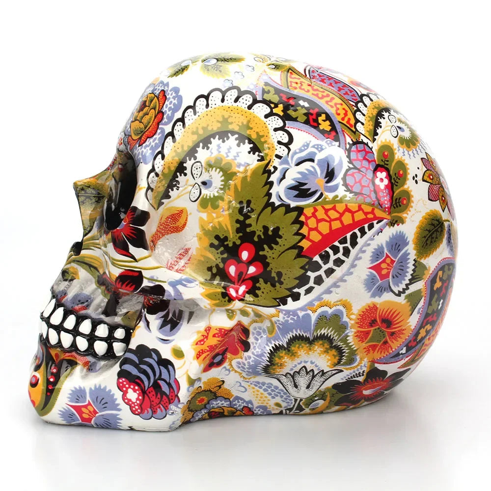 Skull Figurine Mexican Floral Hand Painted Resin