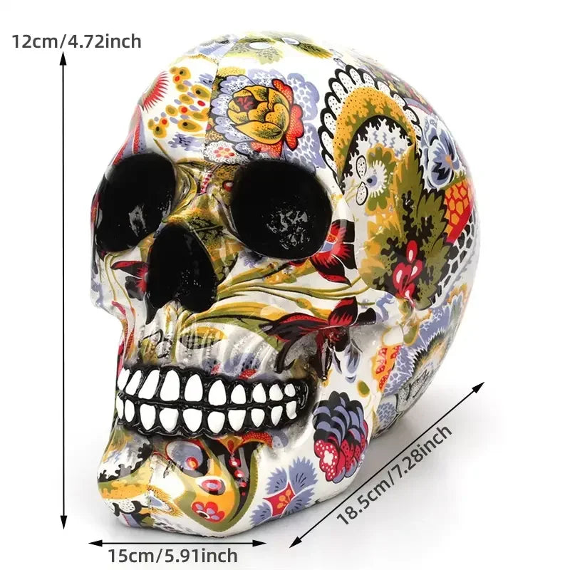 Skull Figurine Mexican Floral Hand Painted Resin