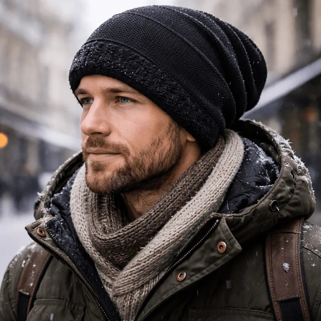 Slouchy Beanie Fleece-Lined Acrylic Knit Ribbed Cuff