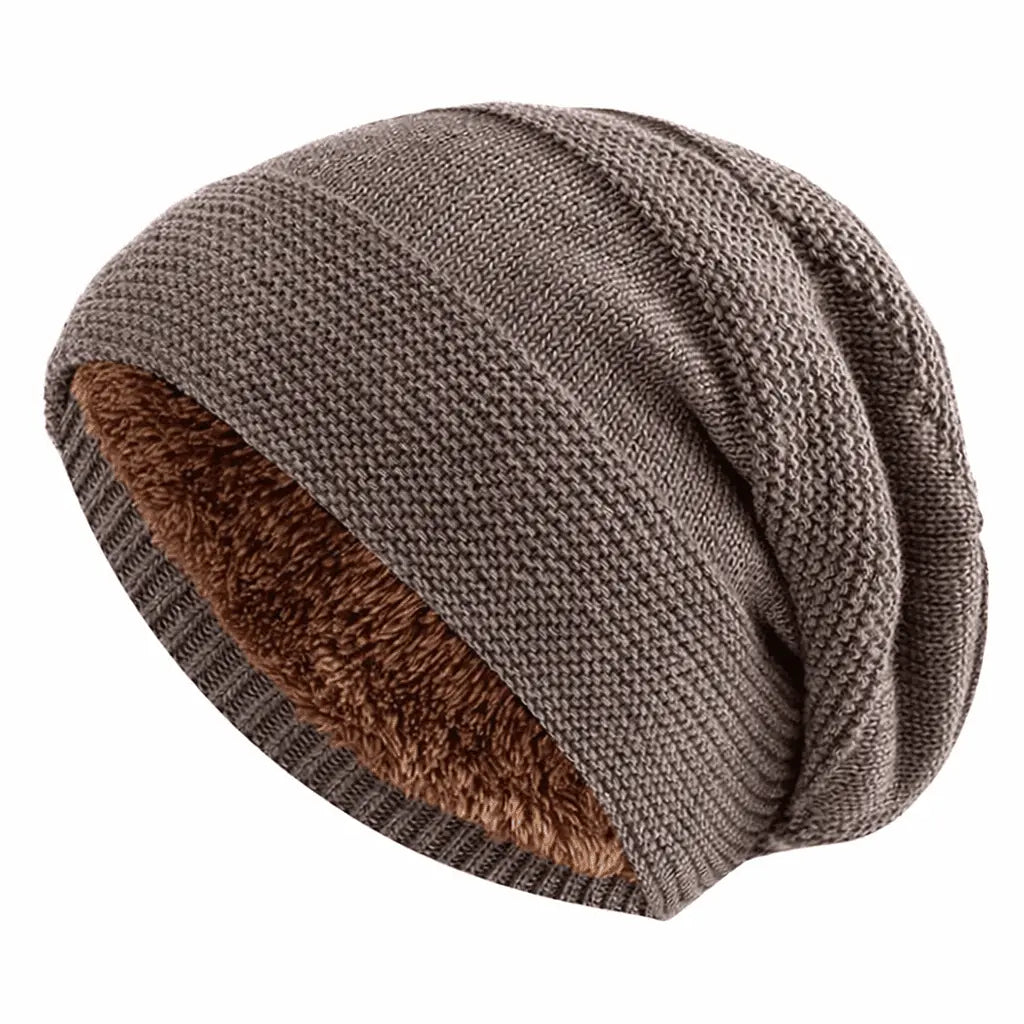 Slouchy Beanie Fleece-Lined Acrylic Knit Ribbed Cuff