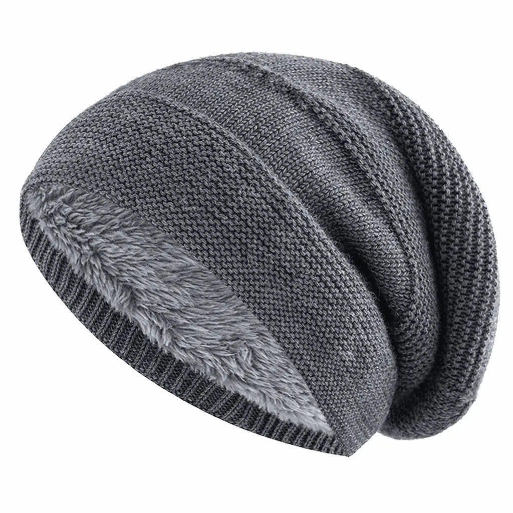 Slouchy Beanie Fleece-Lined Acrylic Knit Ribbed Cuff