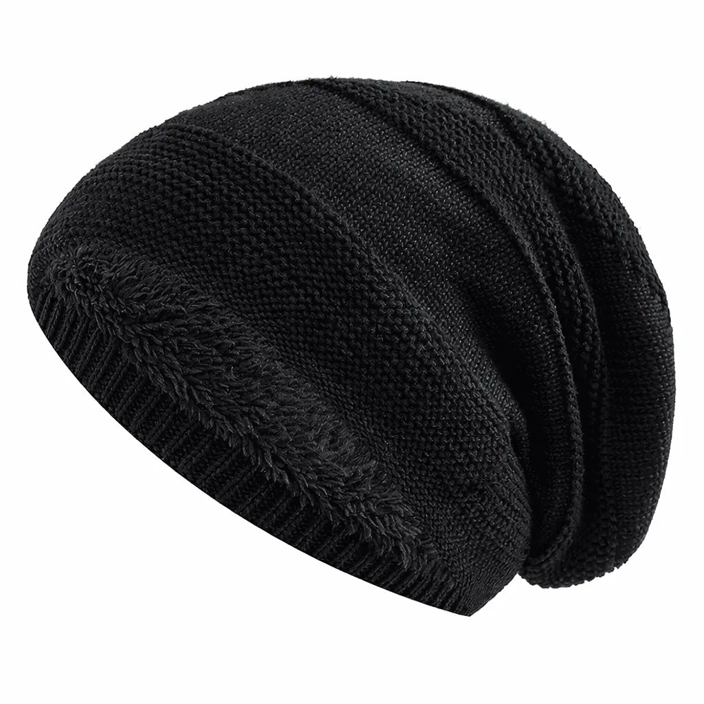 Slouchy Beanie Fleece-Lined Acrylic Knit Ribbed Cuff