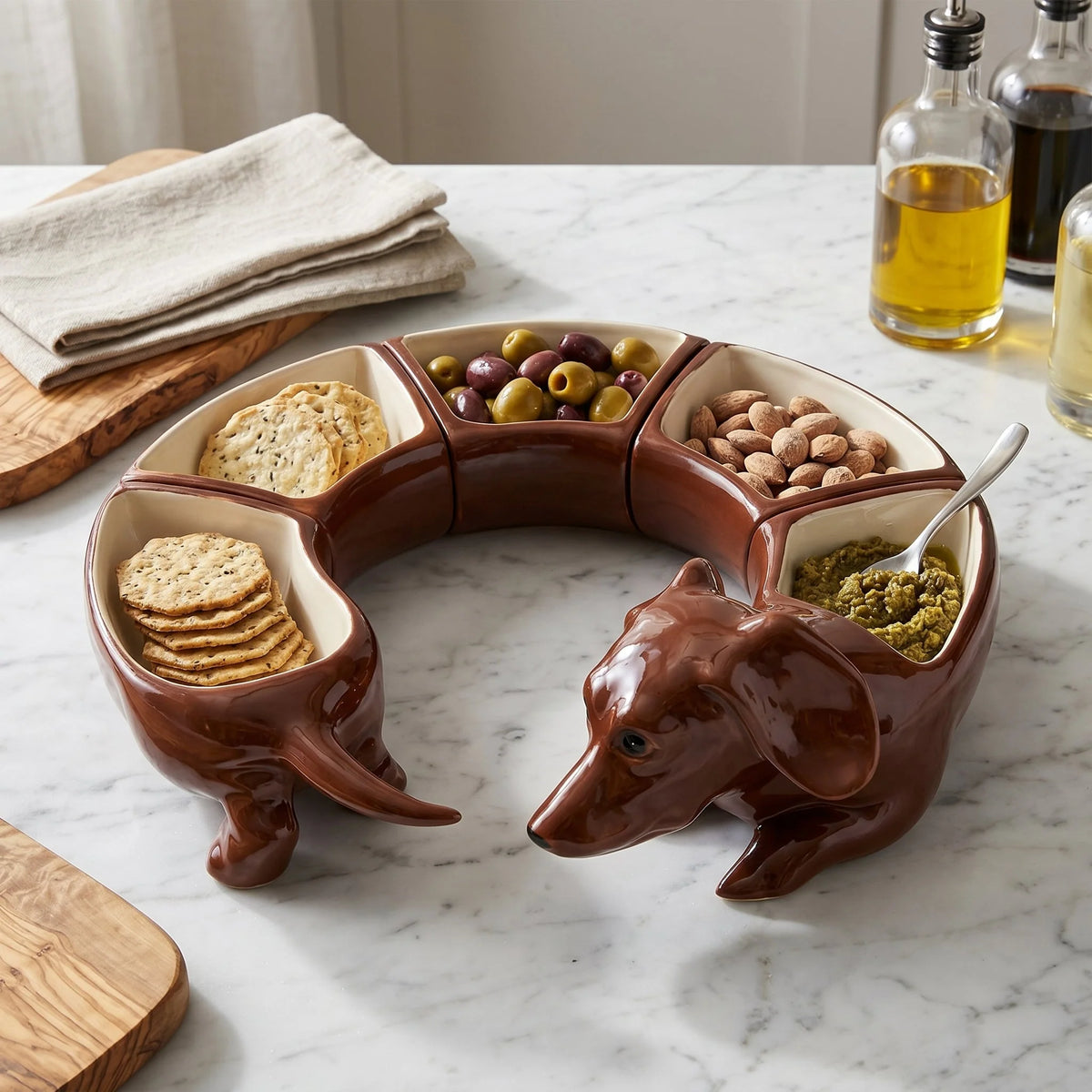 Snack Bowl Set Dachshund-Shaped Glazed Ceramic Five Removable Bowls