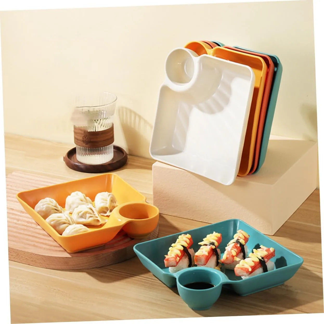 Snack & Dip Plate Integrated Sauce Compartment Lightweight Stackable