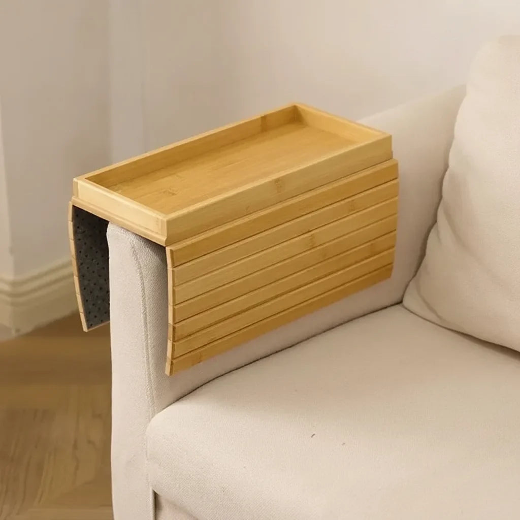 Sofa Armrest Tray Bamboo Adjustable Fit Raised Edge