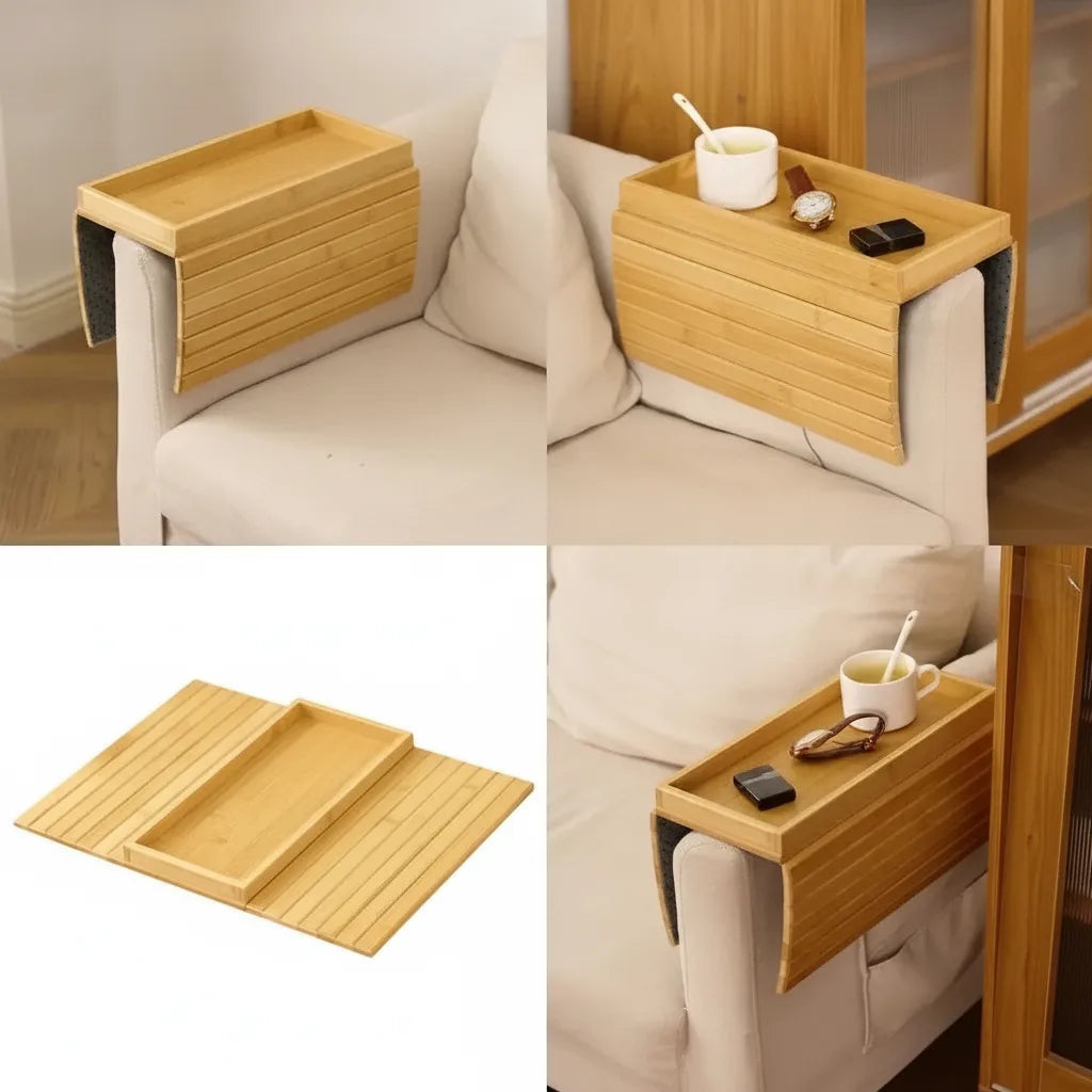 Sofa Armrest Tray Bamboo Adjustable Fit Raised Edge