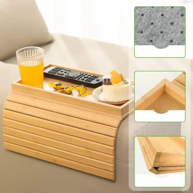 Sofa Armrest Tray Bamboo Adjustable Fit Raised Edge
