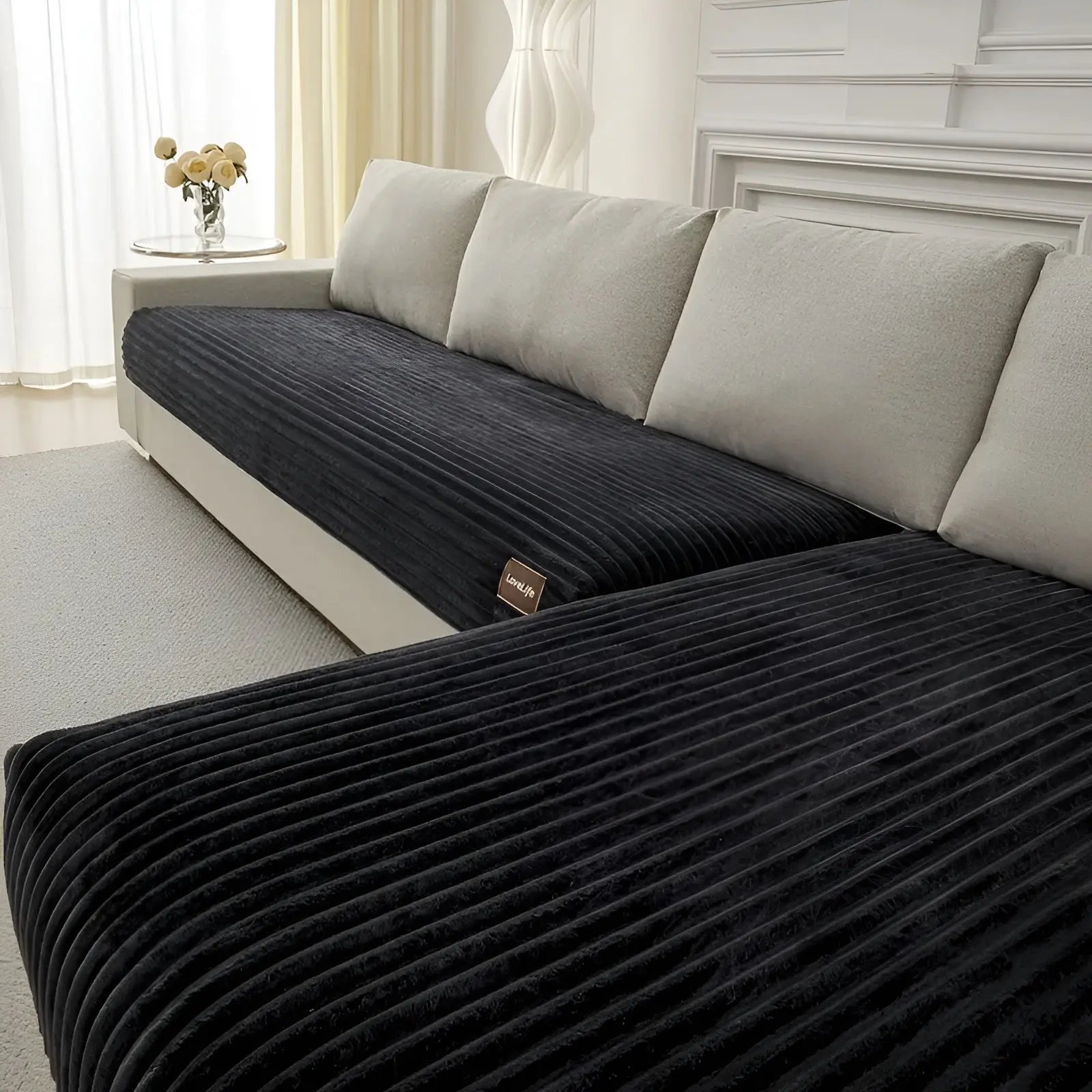 Sofa Cover Ribbed Plush Polyester 2-Piece Non-Slip Backing