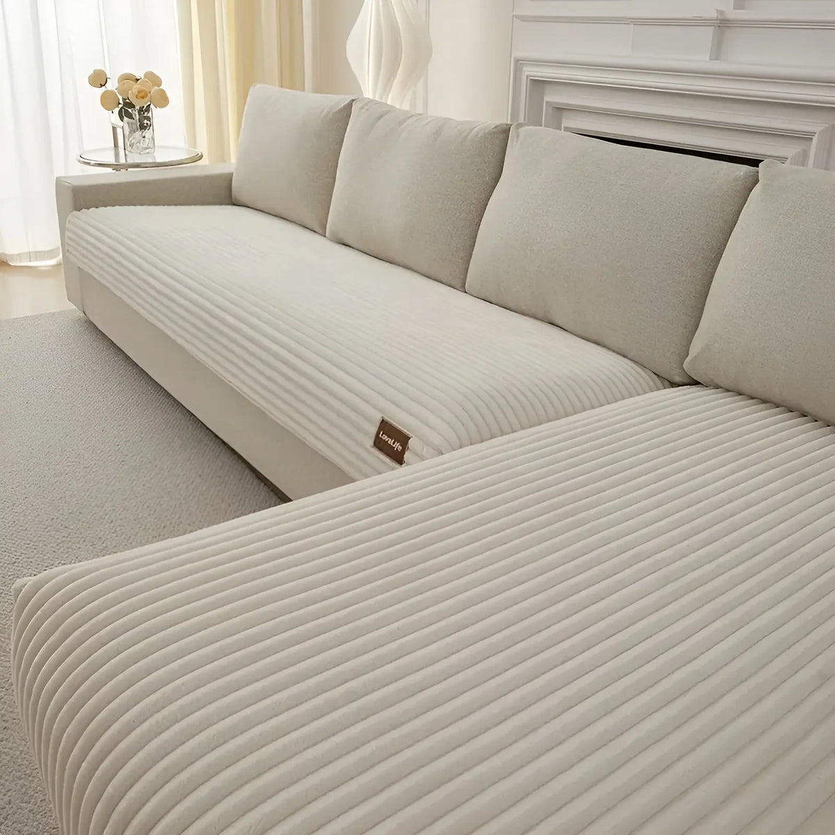 Sofa Cover Ribbed Plush Polyester 2-Piece Non-Slip Backing