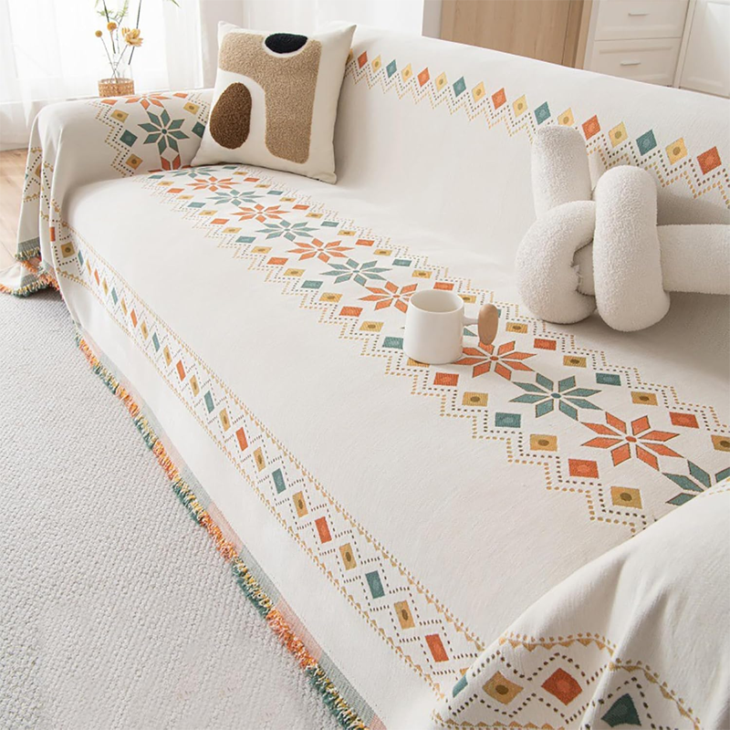 Sofa Throw Reversible Geometric Chenille Fringed