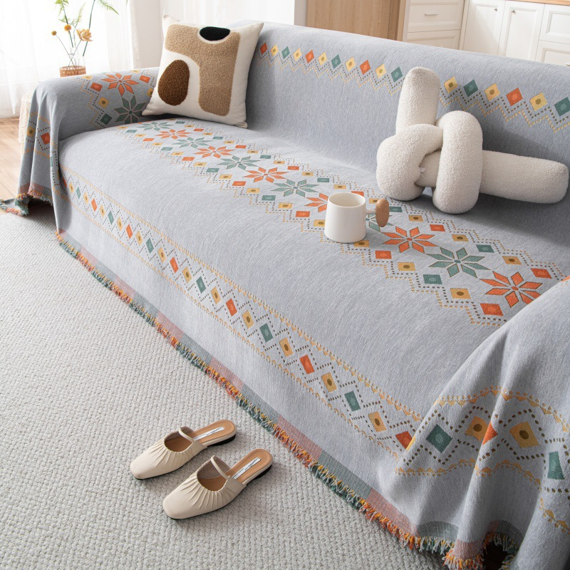 Sofa Throw Reversible Geometric Chenille Fringed
