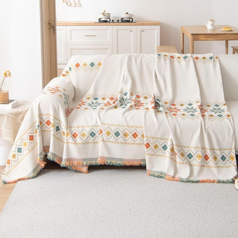 Sofa Throw Reversible Geometric Chenille Fringed