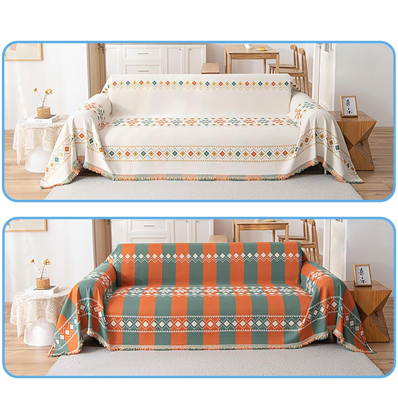 Sofa Throw Reversible Geometric Chenille Fringed