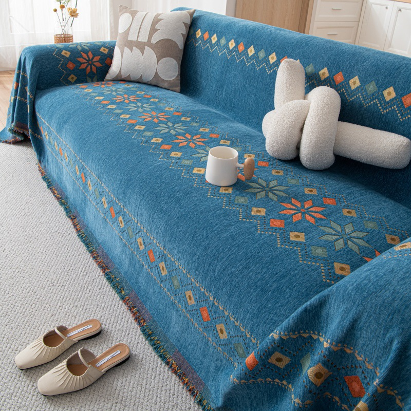 Sofa Throw Reversible Geometric Chenille Fringed