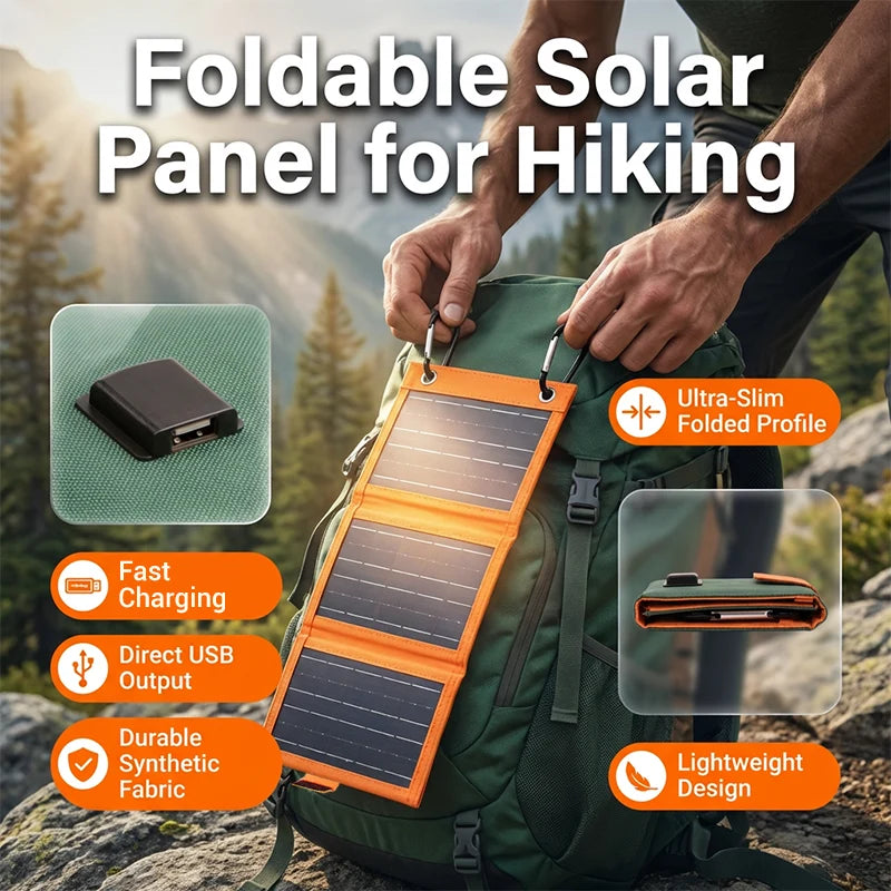 Solar Charger Foldable USB Ports Weatherproof Carabiner