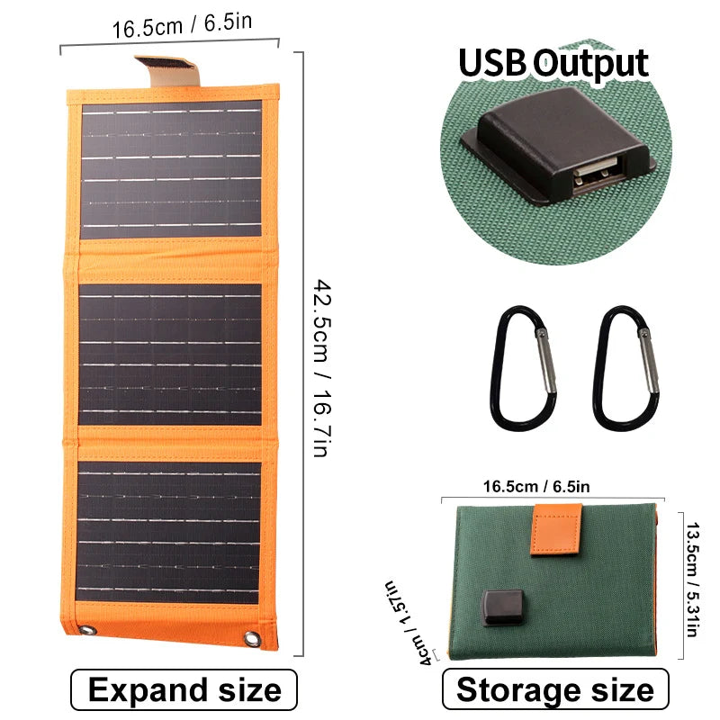 Solar Charger Foldable USB Ports Weatherproof Carabiner