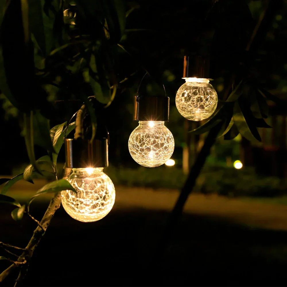 Solar Garden Lantern Auto Dusk Sensor Crackle Glass