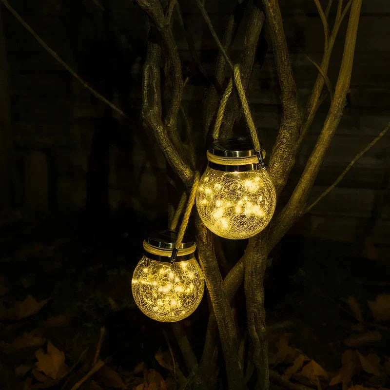 Solar Garden Lantern Auto Dusk Sensor Crackle Glass