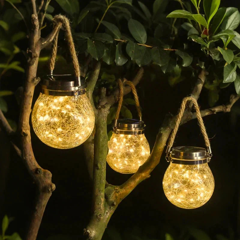 Solar Garden Lantern Auto Dusk Sensor Crackle Glass