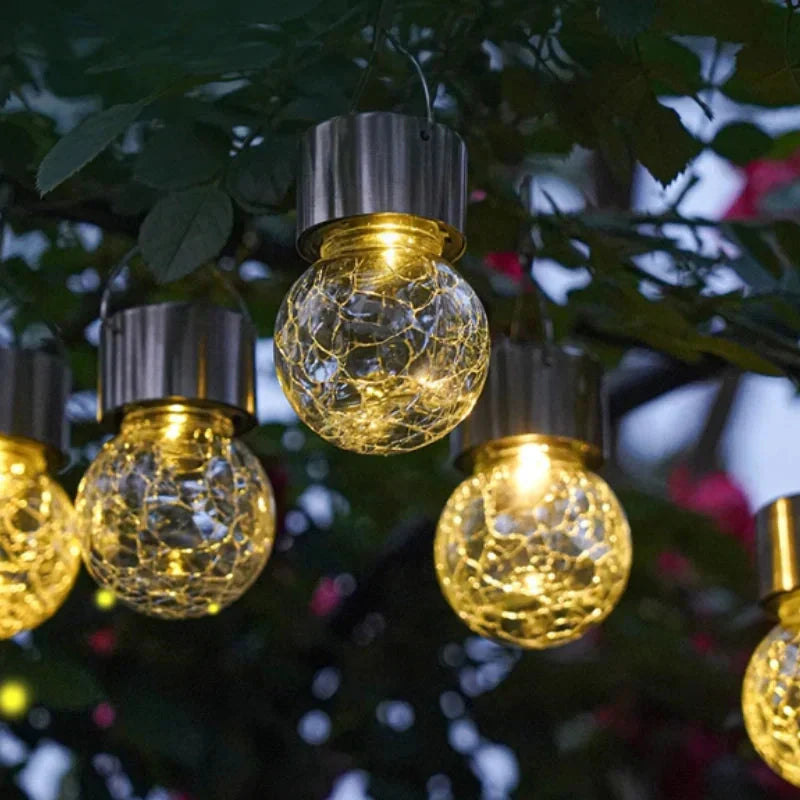 Solar Garden Lantern Auto Dusk Sensor Crackle Glass