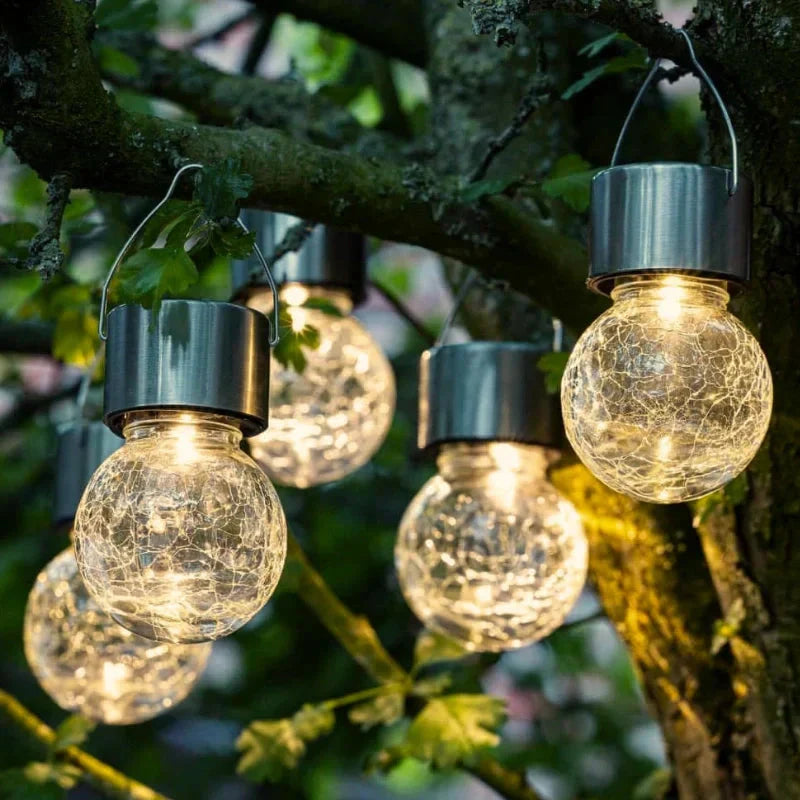 Solar Garden Lantern Auto Dusk Sensor Crackle Glass