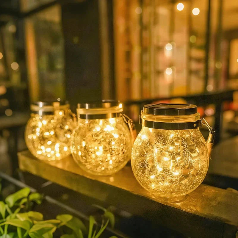 Solar Garden Lantern Auto Dusk Sensor Crackle Glass