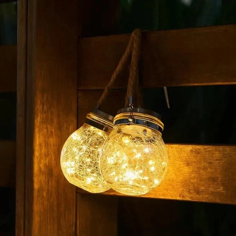 Solar Garden Lantern Auto Dusk Sensor Crackle Glass