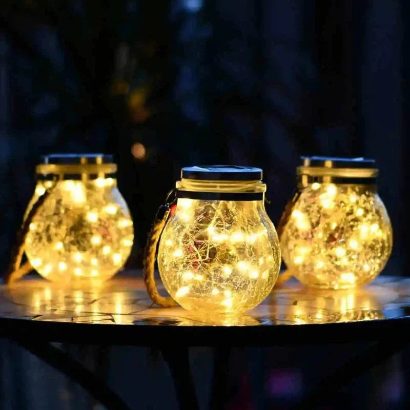 Solar Garden Lantern Auto Dusk Sensor Crackle Glass