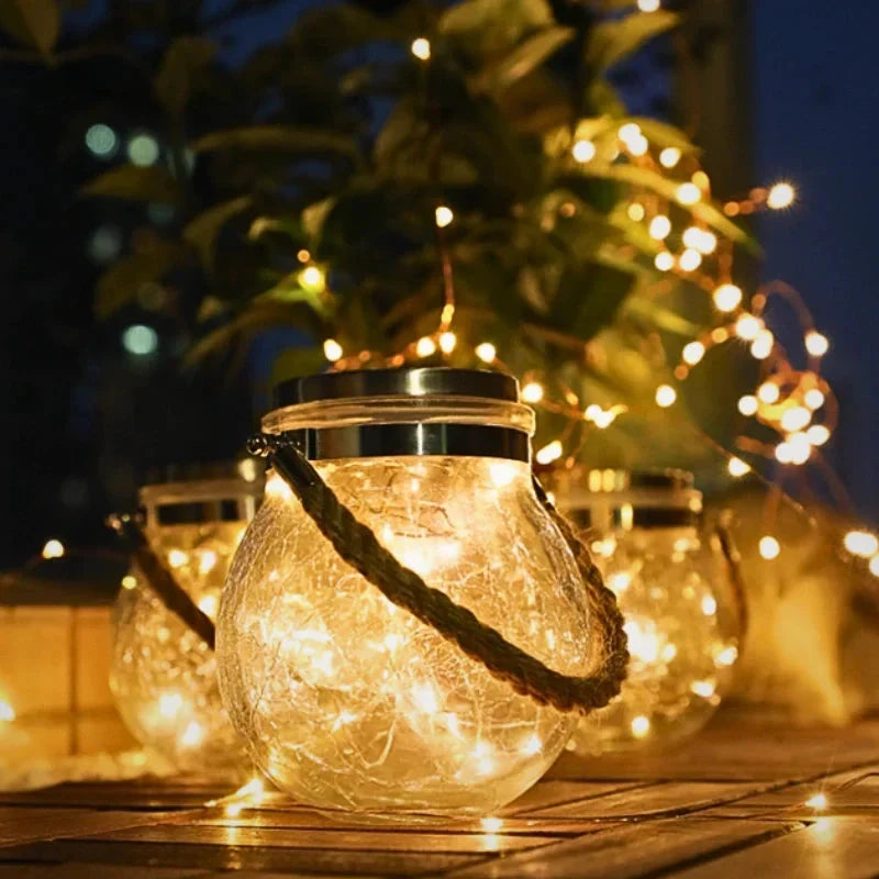 Solar Garden Lantern Auto Dusk Sensor Crackle Glass