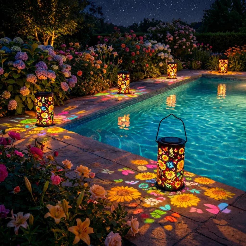 Solar Garden Lantern Flower & Butterfly Projection Dusk-To-Dawn
