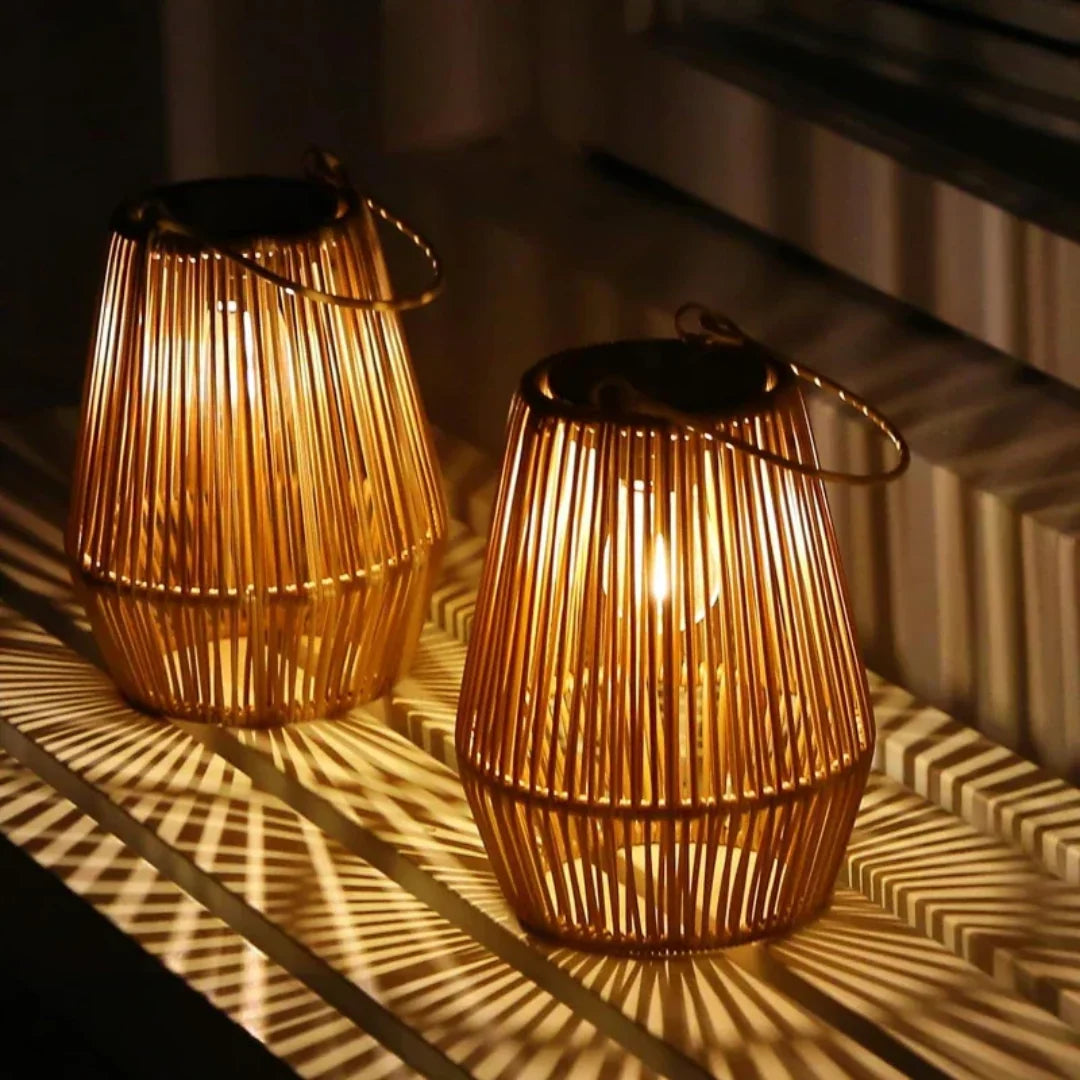 Solar Garden Lantern Handwoven Rattan Automatic Dusk Sensor