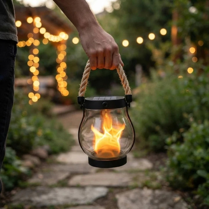 Solar Lantern Realistic Flame Flicker USB-C Rechargeable Weatherproof