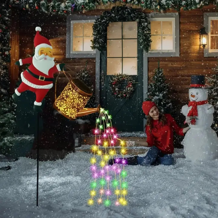 Solar Watering Can Metal Santa Multicolor LEDs
