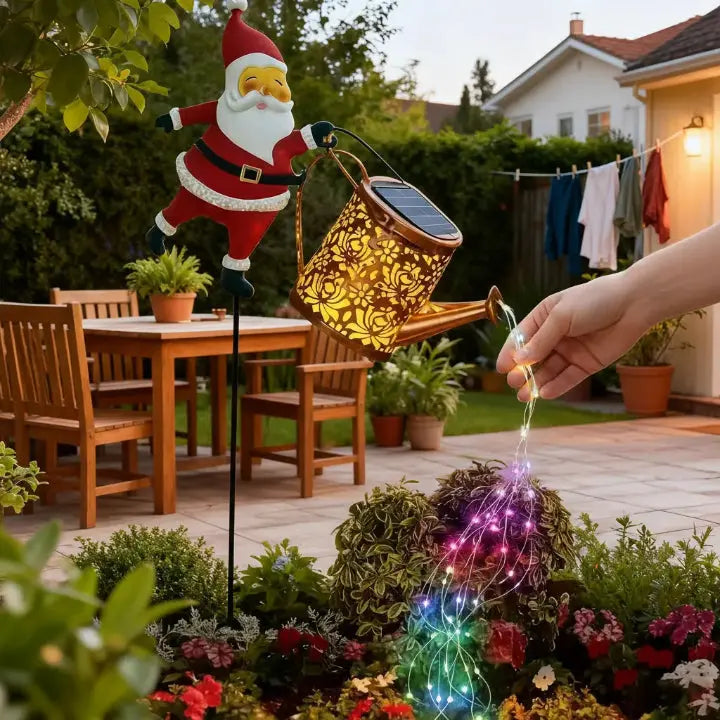 Solar Watering Can Metal Santa Multicolor LEDs