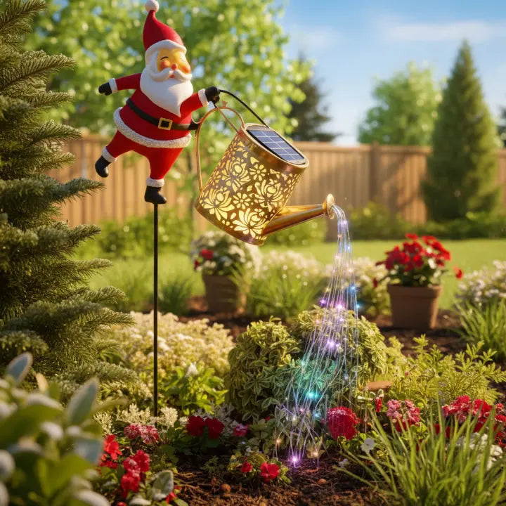 Solar Watering Can Metal Santa Multicolor LEDs