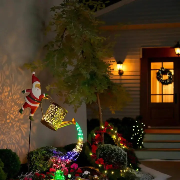 Solar Watering Can Metal Santa Multicolor LEDs
