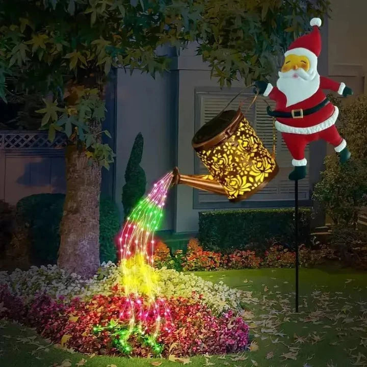Solar Watering Can Metal Santa Multicolor LEDs