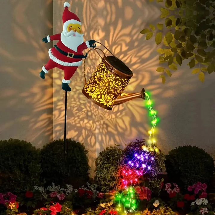 Solar Watering Can Metal Santa Multicolor LEDs
