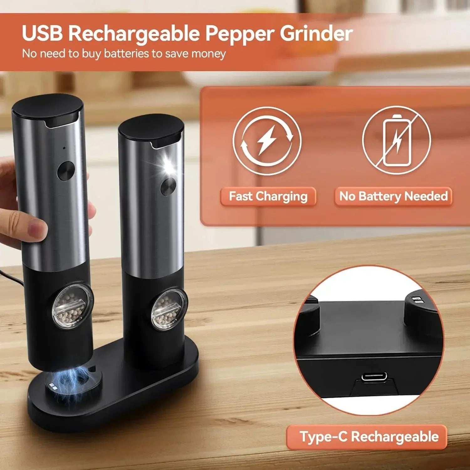 Spice Grinder Set 5-Level LED USB-C Set of 2
