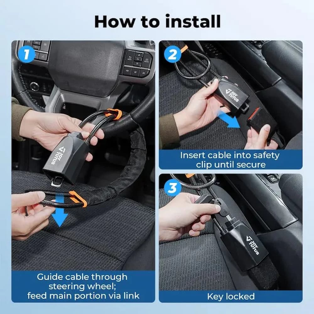 Steering Wheel Lock Braided Steel Core Tool-Free Install