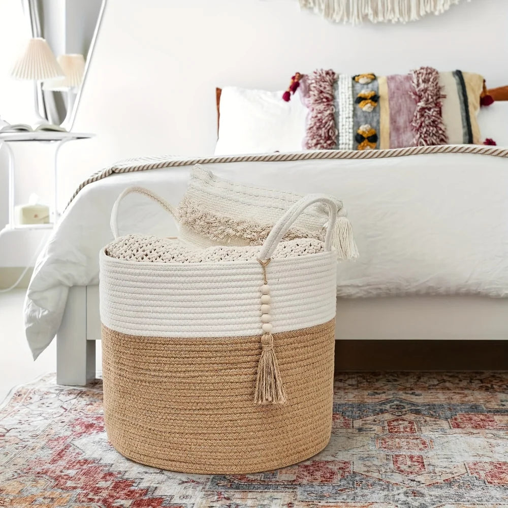 Storage Basket Handcrafted Macrame Cotton Rope Reinforced Handles