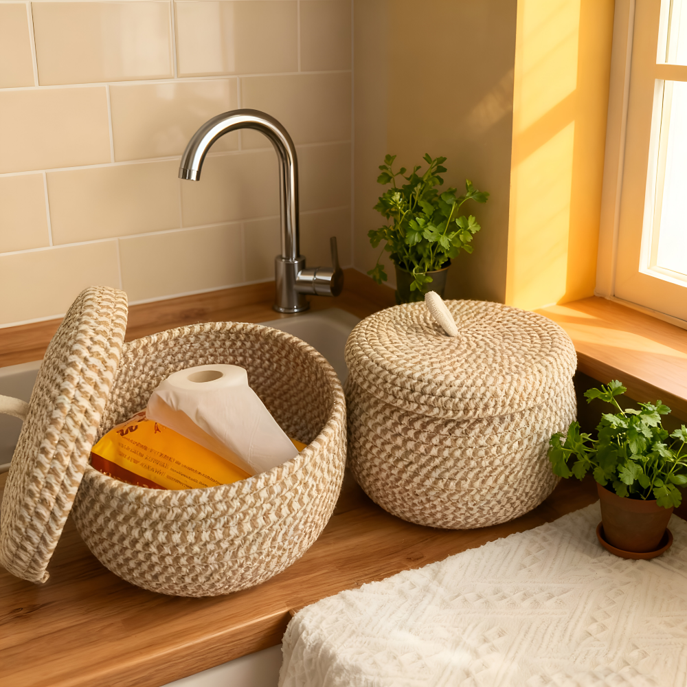 Storage Basket Handwoven Jute-Cotton Lidded Three Sizes
