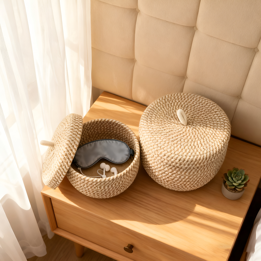 Storage Basket Handwoven Jute-Cotton Lidded Three Sizes