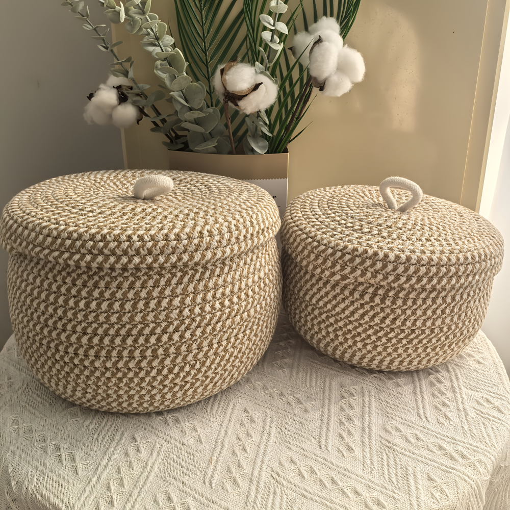 Storage Basket Round Woven Jute-Cotton With Matching Lid