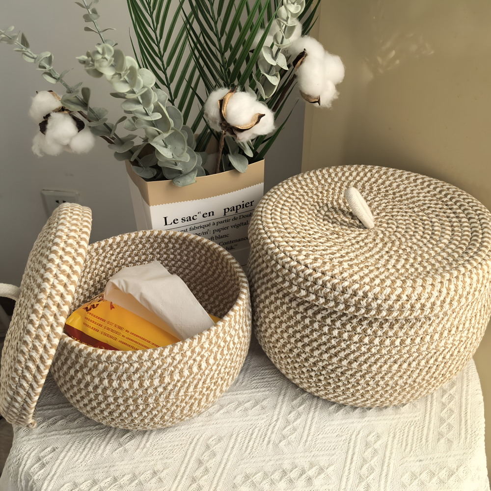 Storage Basket Round Woven Jute-Cotton With Matching Lid