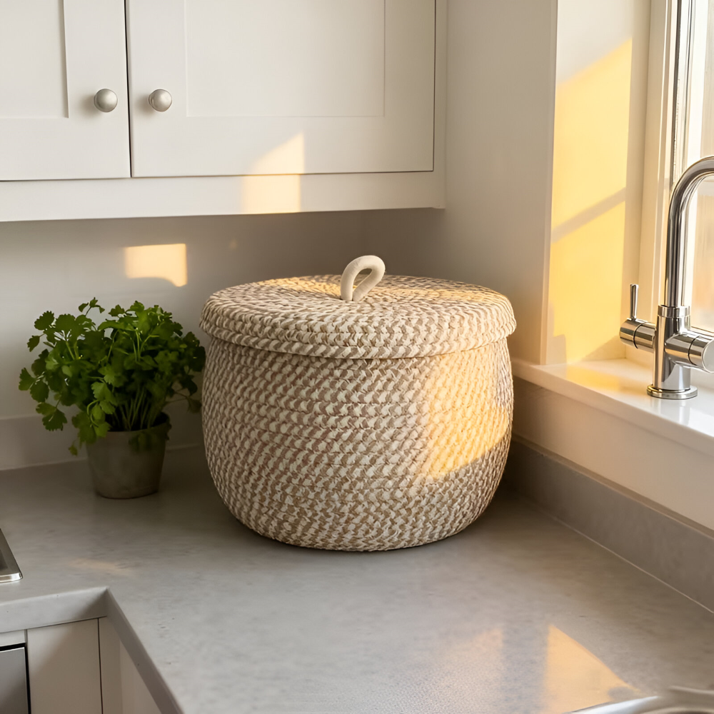 Storage Basket Round Woven Jute-Cotton With Matching Lid