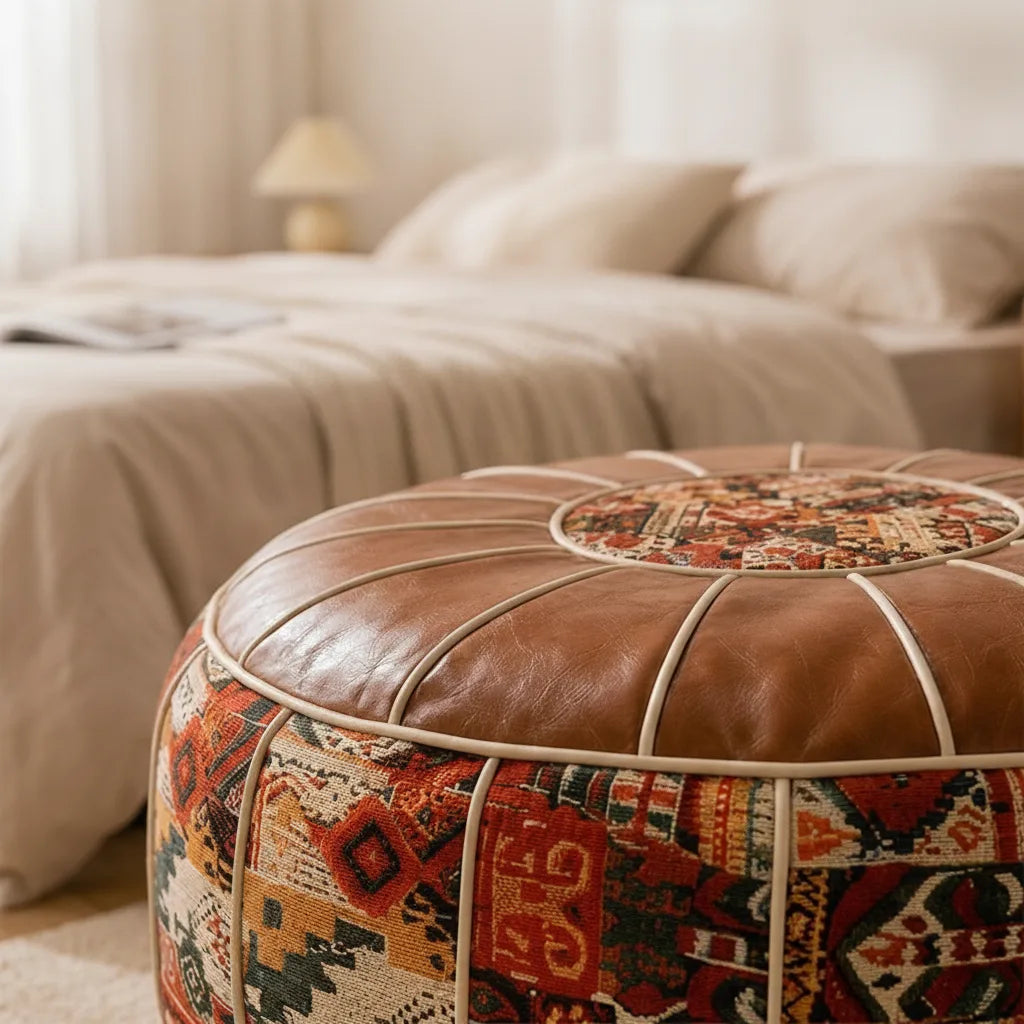 Storage Ottoman Kilim Patchwork Padded Faux Leather Seat